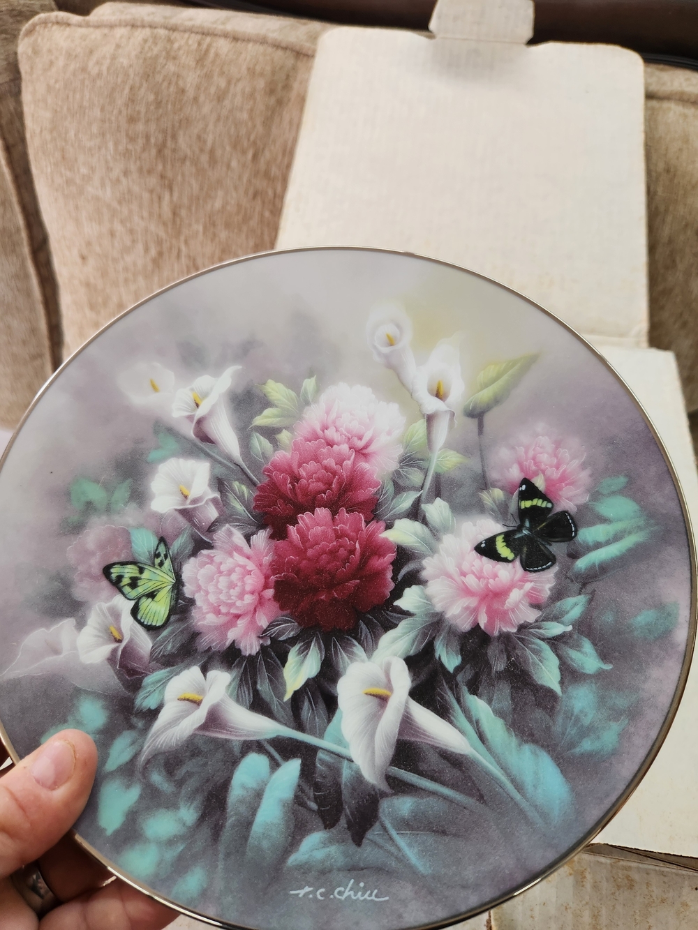 Floral Butterfly Decorative Plate with Pink & Teal Bouquet By T.C. Chiu.